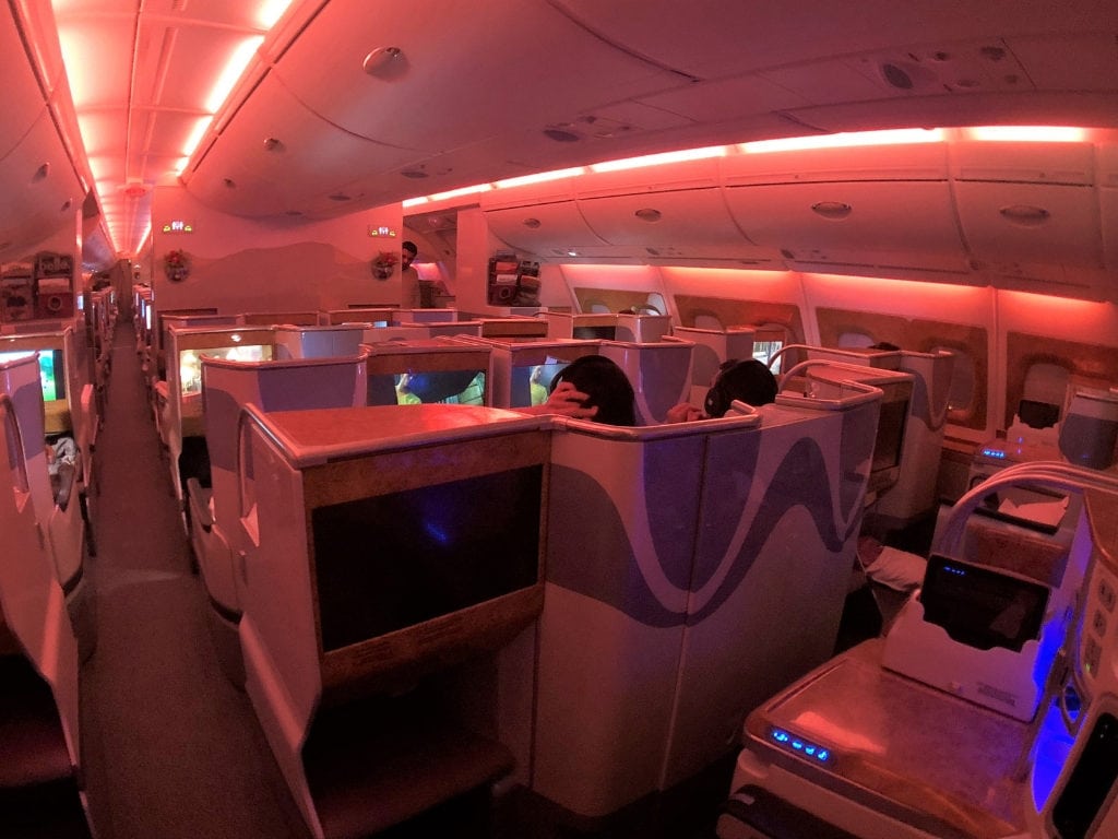 emirates business class review a380 cabin night