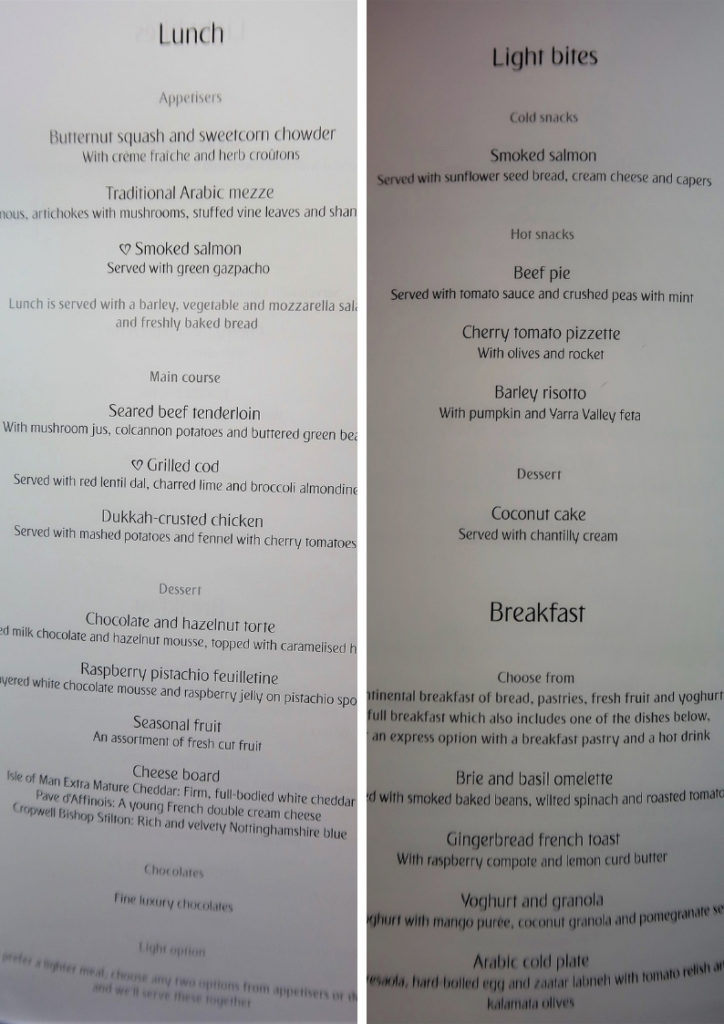 emirates business class review a380 lunch menu