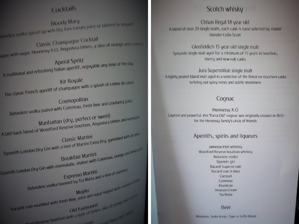 emirates business class review a380 menu cocktails spirits