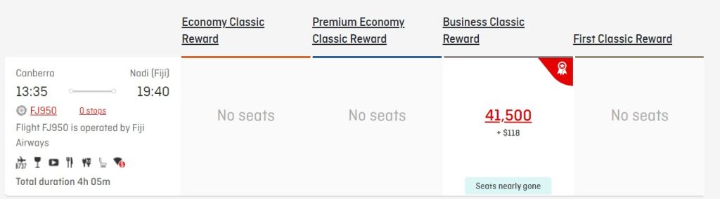qantas classic flight reward canberra to fiji availability