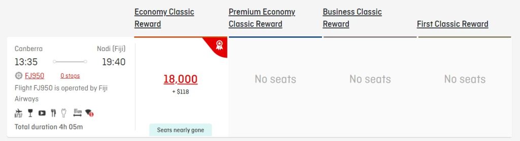 qantas classic flight reward canberra to fiji availability