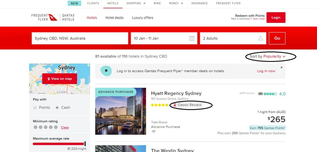 qantas hotels booking page