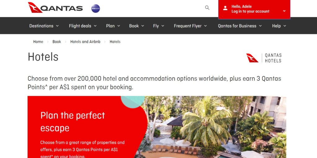 qantas hotels homepage