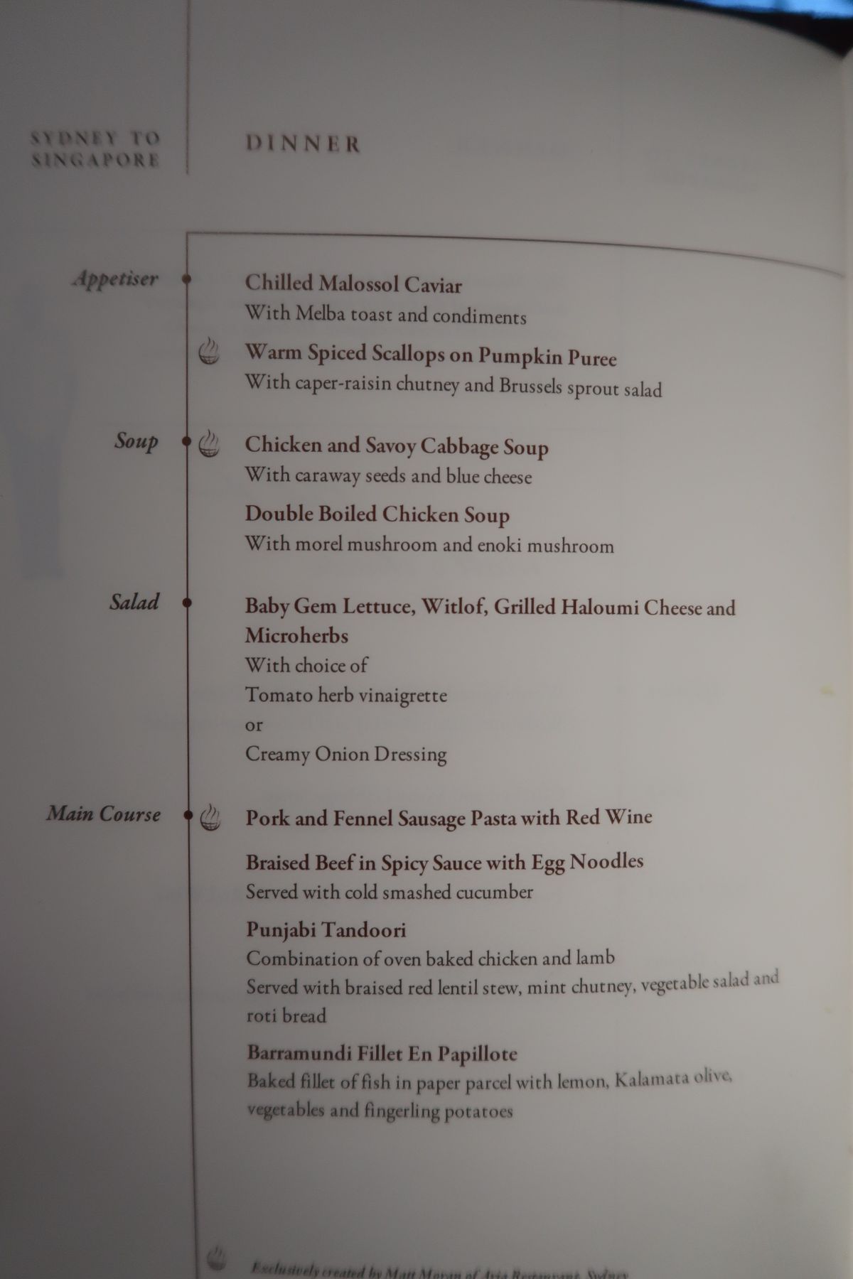 Singapore Airlines old A380 First Class Suite sydney singapore menu main