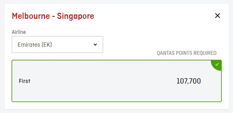 Melbourne to Singapore in Emirates first class points